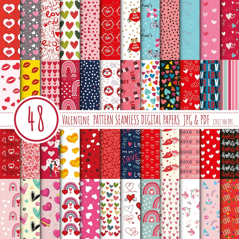 Valentine digital paper, valentine's day scrapbook papers, hearts wallpaper, heart background