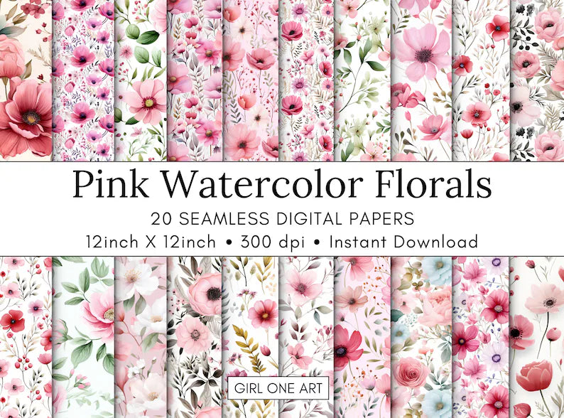 Pink Watercolor Floral Printable Paper Seamless JPG Shabby Chic Digital